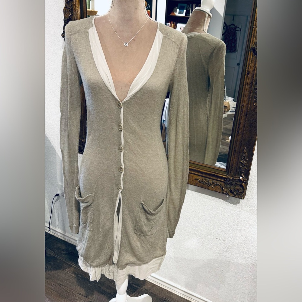 Transit Par Such Distressed Chiffon Trim Button Front Long Cardigan preppy boho